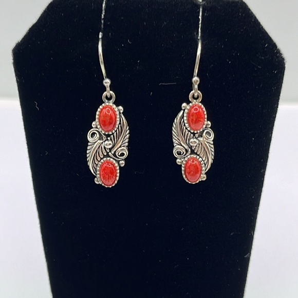 Red Oval Coral Leaf Design Dangle  Drop Earrings BBJ for JTV Sterling Silver - Picture 1 of 7